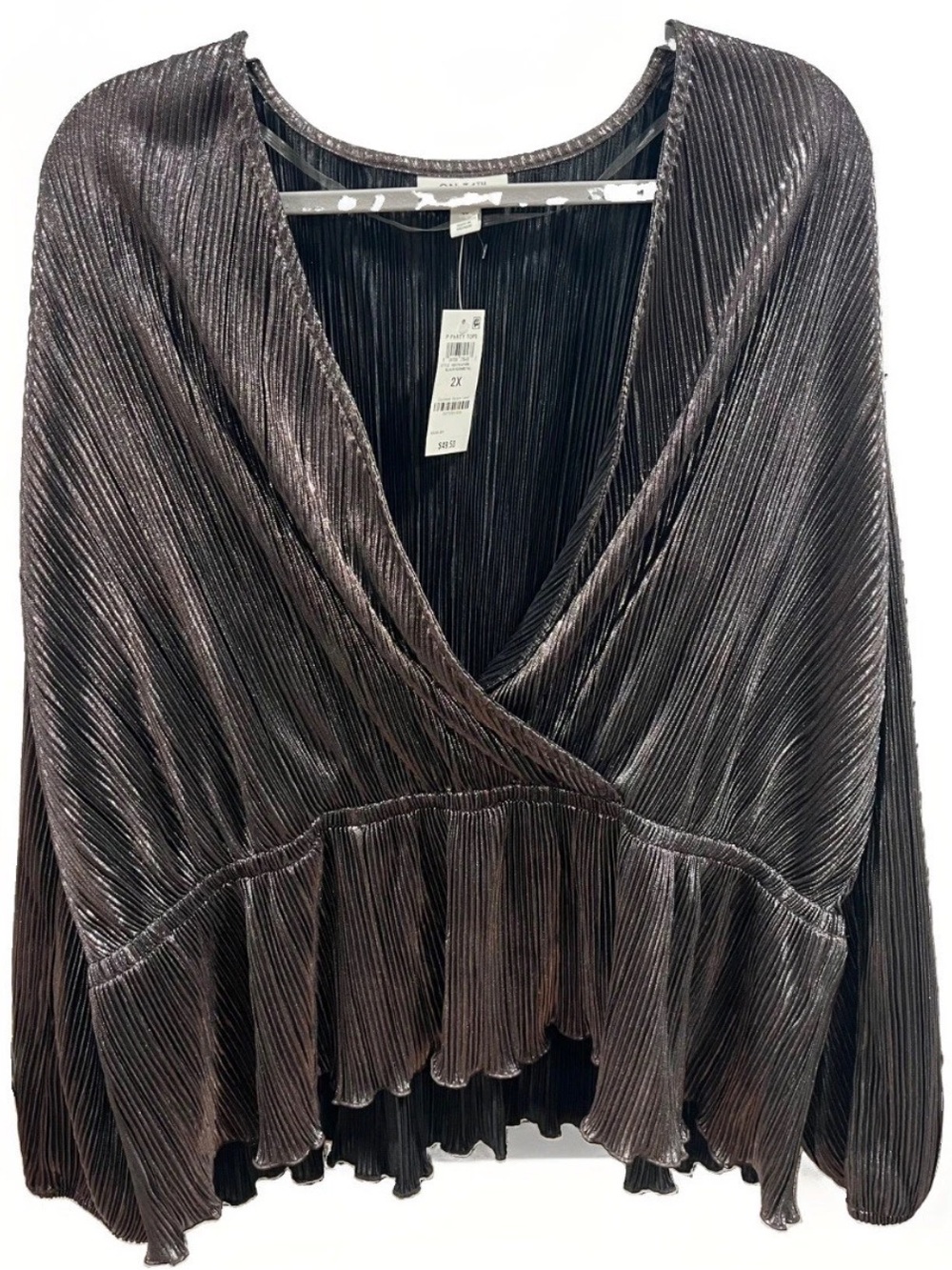 On 34th NWT Metallic Pleated Peplum Top 2X Bronze Long Sleeve Holiday Party